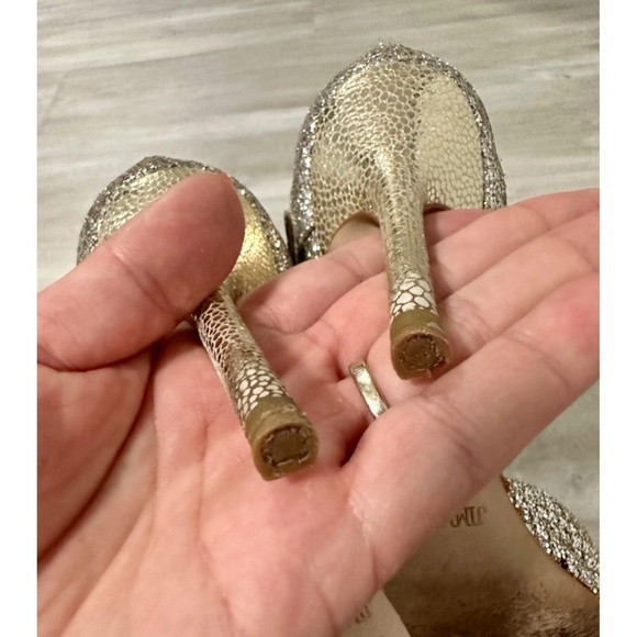 Jimmy Choo Womens 35.5 Gold Coarse Glitter Peep Toe Ankle Strap Heels - Picture 12 of 15